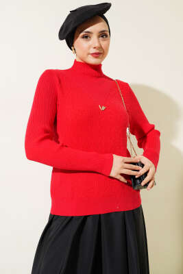 Dik Yaka Büzgülü Triko Kazak Kırmızı - Thumbnail