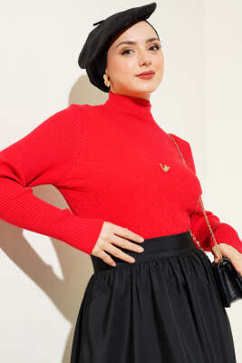 Dik Yaka Büzgülü Triko Kazak Kırmızı - Thumbnail