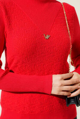 Dik Yaka Büzgülü Triko Kazak Kırmızı - Thumbnail