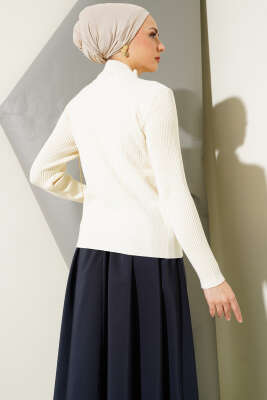 Dik Yaka Büzgülü Triko Kazak Vanilya - Thumbnail