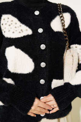 Dalmaçya Desen İncili Kısa Triko Hırka Siyah - Thumbnail