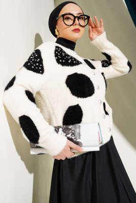 Pazarium - Dalmaçya Desen İncili Kısa Triko Hırka Krem