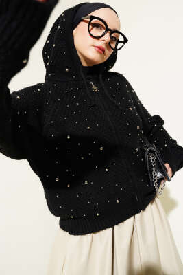 İncili Kapüşonlu Kısa Triko Hırka Siyah - Thumbnail