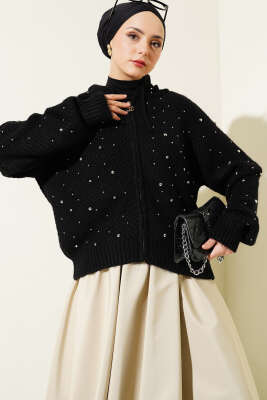 İncili Kapüşonlu Kısa Triko Hırka Siyah - Thumbnail