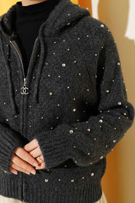 İncili Kapüşonlu Kısa Triko Hırka Antrasit - Thumbnail