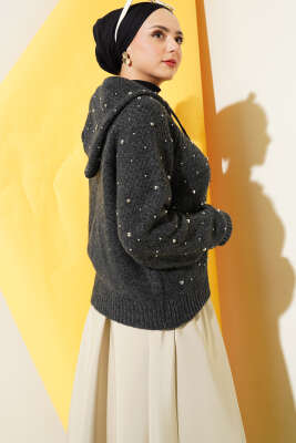 İncili Kapüşonlu Kısa Triko Hırka Antrasit - Thumbnail