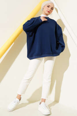 Oversize Üç İplik Basic Tunik Lacivert - Thumbnail