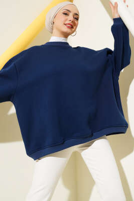 Oversize Üç İplik Basic Tunik Lacivert - Thumbnail