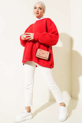 Oversize Üç İplik Basic Tunik Kırmızı - Thumbnail