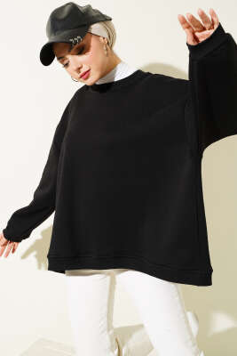 Oversize Üç İplik Basic Tunik Siyah - Thumbnail