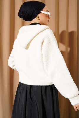 Kapüşonlu Çıtçıtlı Kısa Triko Hırka Vanilya - Thumbnail