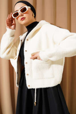 Kapüşonlu Çıtçıtlı Kısa Triko Hırka Vanilya - Thumbnail