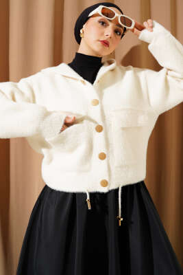 Pazarium - Kapüşonlu Çıtçıtlı Kısa Triko Hırka Vanilya