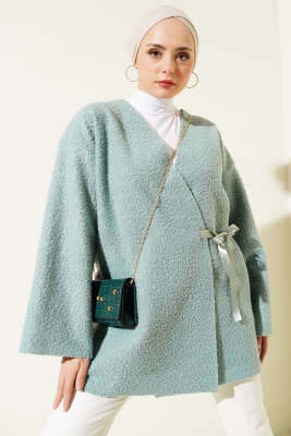 Pazarium - Önü Kurdeleli Buklet Ceket Mint
