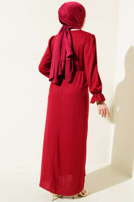 Kuş Gözü Kuşaklı Elbise Bordo - Thumbnail