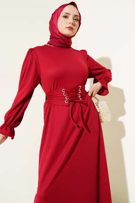 Kuş Gözü Kuşaklı Elbise Bordo - Thumbnail