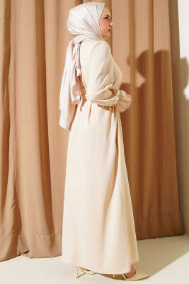 Kuş Gözü Kuşaklı Elbise Bej - Thumbnail