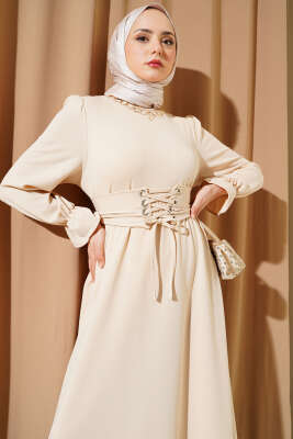 Kuş Gözü Kuşaklı Elbise Bej - Thumbnail