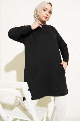 Kanguru Cepli İki İplik Tunik Siyah - Thumbnail