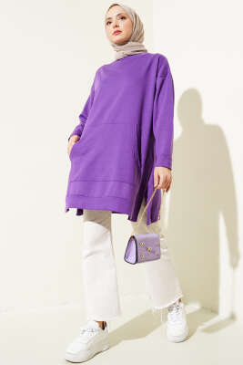 Kanguru Cepli İki İplik Tunik Lila - Thumbnail