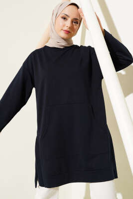 Kanguru Cepli İki İplik Tunik Lacivert - Thumbnail