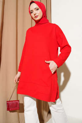 Pazarium - Kanguru Cepli İki İplik Tunik Kırmızı