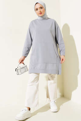 Kanguru Cepli İki İplik Tunik Gri - Thumbnail