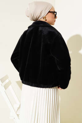 Gömlek Yaka Çıtçıtlı Kısa Ceket Siyah - Thumbnail