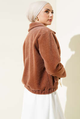 Gömlek Yaka Çıtçıtlı Kısa Ceket Camel - Thumbnail