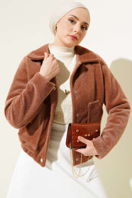 Gömlek Yaka Çıtçıtlı Kısa Ceket Camel - Thumbnail