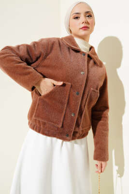 Gömlek Yaka Çıtçıtlı Kısa Ceket Camel - Thumbnail