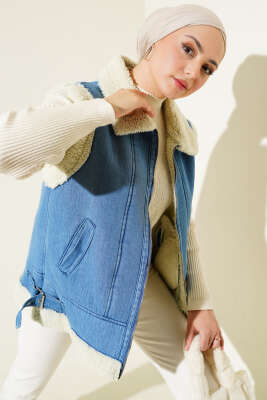 Fermuarlı İçi Kürklü Kot Yelek Mavi - Thumbnail