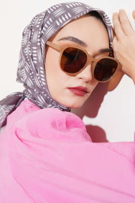 Kibrit Desen Yazma Eşarp Vizon - Thumbnail