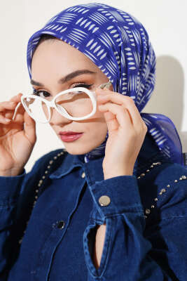 Kibrit Desen Yazma Eşarp Saks - Thumbnail