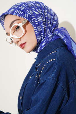 Kibrit Desen Yazma Eşarp Saks - Thumbnail