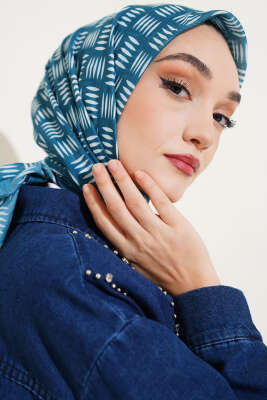 Kibrit Desen Yazma Eşarp Petrol - Thumbnail