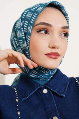 Kibrit Desen Yazma Eşarp Petrol - Thumbnail