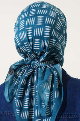 Kibrit Desen Yazma Eşarp Petrol - Thumbnail