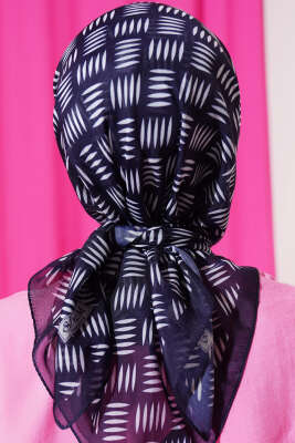 Kibrit Desen Yazma Eşarp Lacivert - Thumbnail