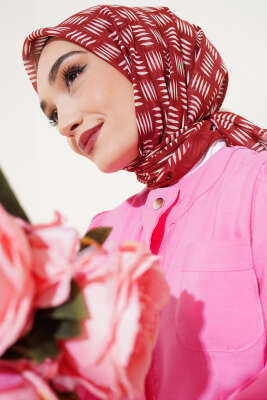 Kibrit Desen Yazma Eşarp Kiremit - Thumbnail