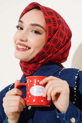 Kibrit Desen Yazma Eşarp Kırmızı - Thumbnail