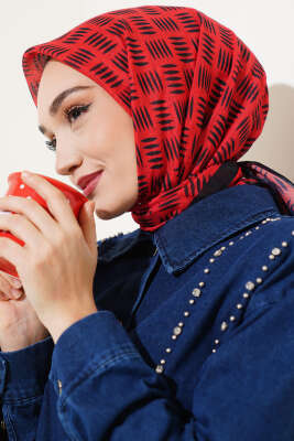 Kibrit Desen Yazma Eşarp Kırmızı - Thumbnail