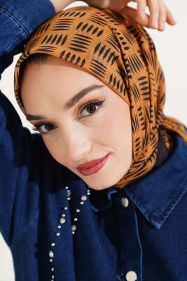 Kibrit Desen Yazma Eşarp Hardal - Thumbnail