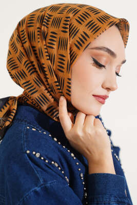 Kibrit Desen Yazma Eşarp Hardal - Thumbnail