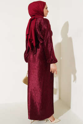 Büzgü Pliseli Kuşaklı Elbise Bordo - Thumbnail