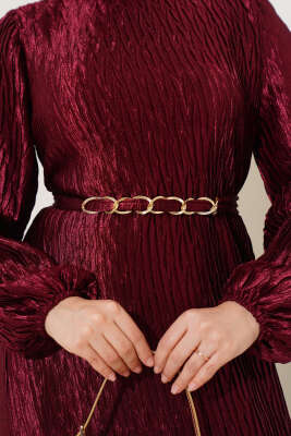 Büzgü Pliseli Kuşaklı Elbise Bordo - Thumbnail