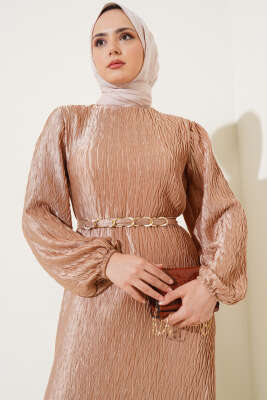 Büzgü Pliseli Kuşaklı Elbise Bej - Thumbnail
