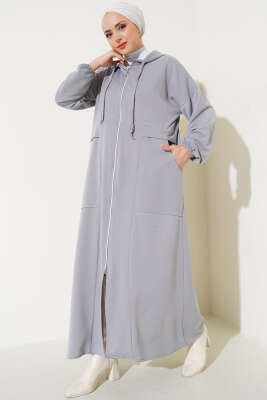 Kapüşonlu Fermuarlı Cepli Ferace Gri - Thumbnail