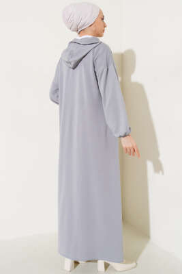 Kapüşonlu Fermuarlı Cepli Ferace Gri - Thumbnail