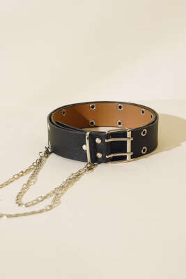 Pazarium - Zincir Detaylı Çift Delikli Siyah Kemer